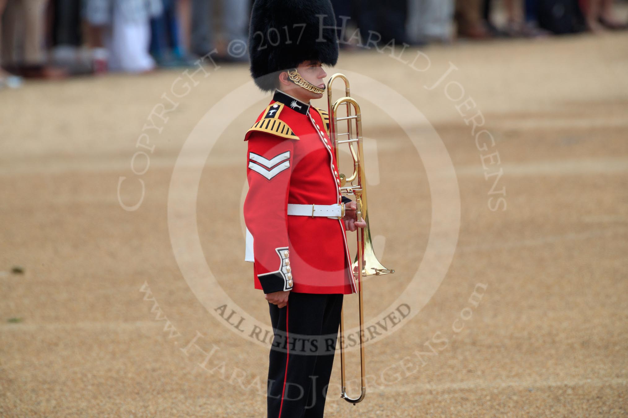 A musician of the Band of the Welsh Guards marking the destination for the arriving band during The Colonel's Review 2018 (final rehearsal for Trooping the Colour, The Queen's Birthday Parade)  at Horse Guards Parade, Westminster, London, 2 June 2018, 10:13.