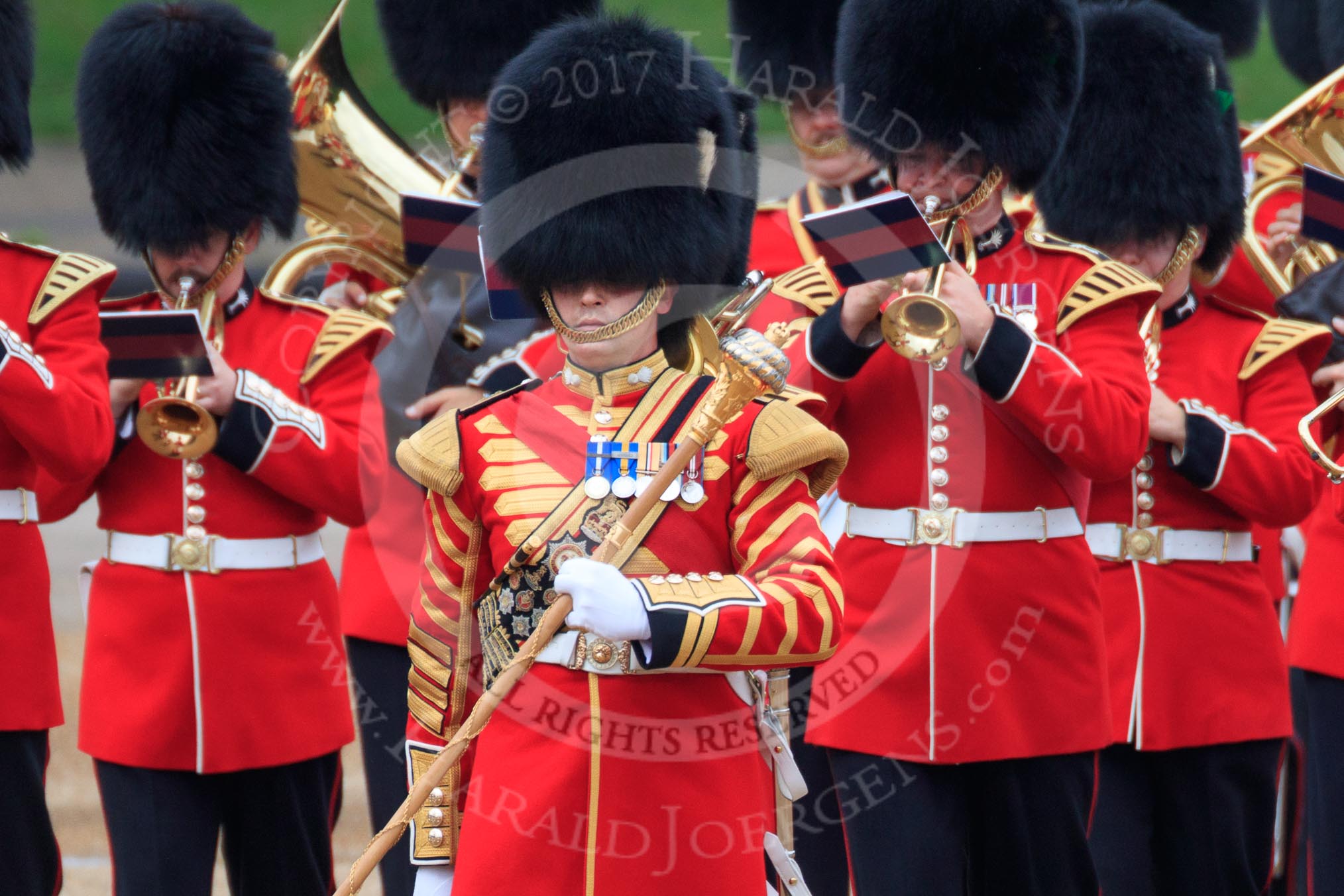 Senior Drum Major Damian Thomas, leading the Band of the Welsh Guards into position on Horse Guards Parade, during The Colonel's Review 2018 (final rehearsal for Trooping the Colour, The Queen's Birthday Parade)  at Horse Guards Parade, Westminster, London, 2 June 2018, 10:14.