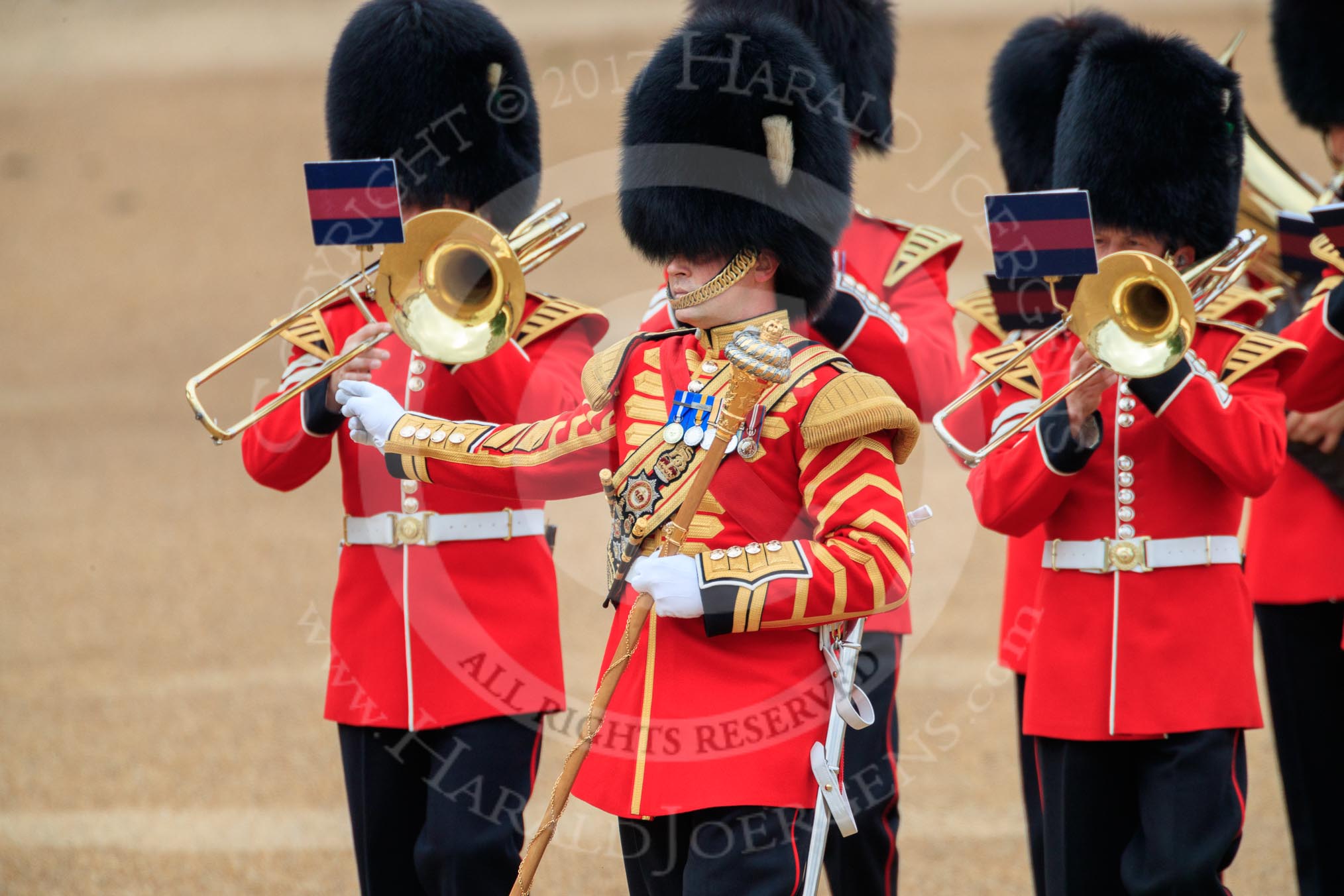 Senior Drum Major Damian Thomas, leading the Band of the Welsh Guards into position on Horse Guards Parade, during The Colonel's Review 2018 (final rehearsal for Trooping the Colour, The Queen's Birthday Parade)  at Horse Guards Parade, Westminster, London, 2 June 2018, 10:14.