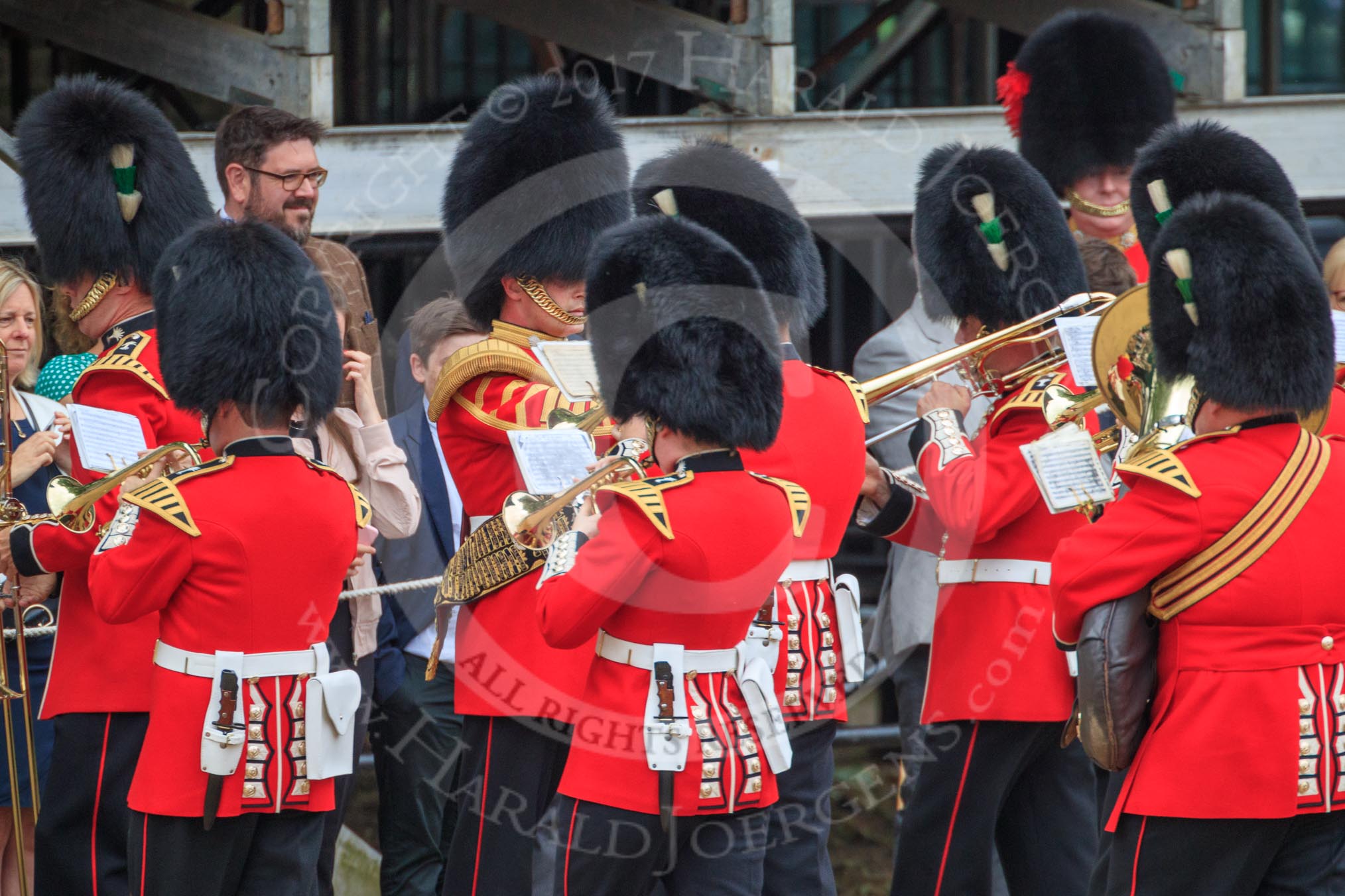 Senior Drum Major Damian Thomas, leading the 180 degrees turn of the Band of the Welsh Guards to get into position on Horse Guards Parade, during The Colonel's Review 2018 (final rehearsal for Trooping the Colour, The Queen's Birthday Parade)  at Horse Guards Parade, Westminster, London, 2 June 2018, 10:14.