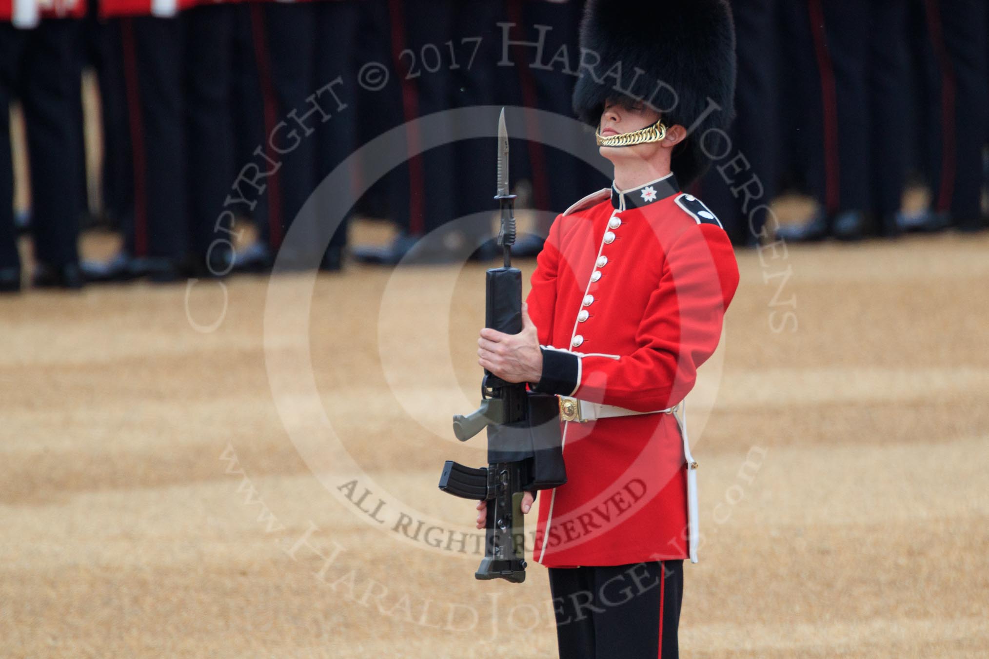 Colour Sentry Guardsman Sean Cunningham (21) saluting the Colour during The Colonel's Review 2018 (final rehearsal for Trooping the Colour, The Queen's Birthday Parade)  at Horse Guards Parade, Westminster, London, 2 June 2018, 10:33.