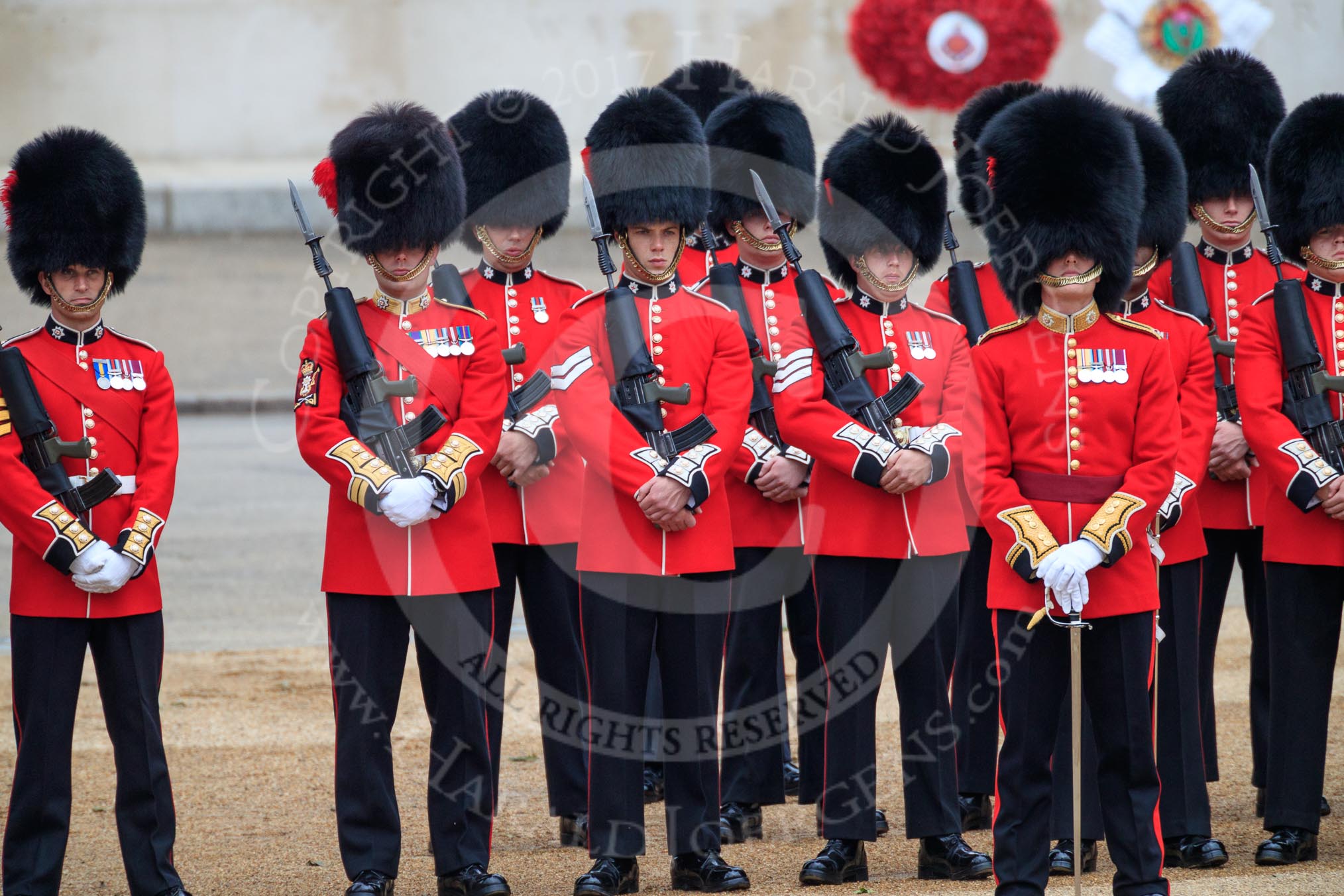 during The Colonel's Review {iptcyear4} (final rehearsal for Trooping the Colour, The Queen's Birthday Parade)  at Horse Guards Parade, Westminster, London, 2 June 2018, 10:54.