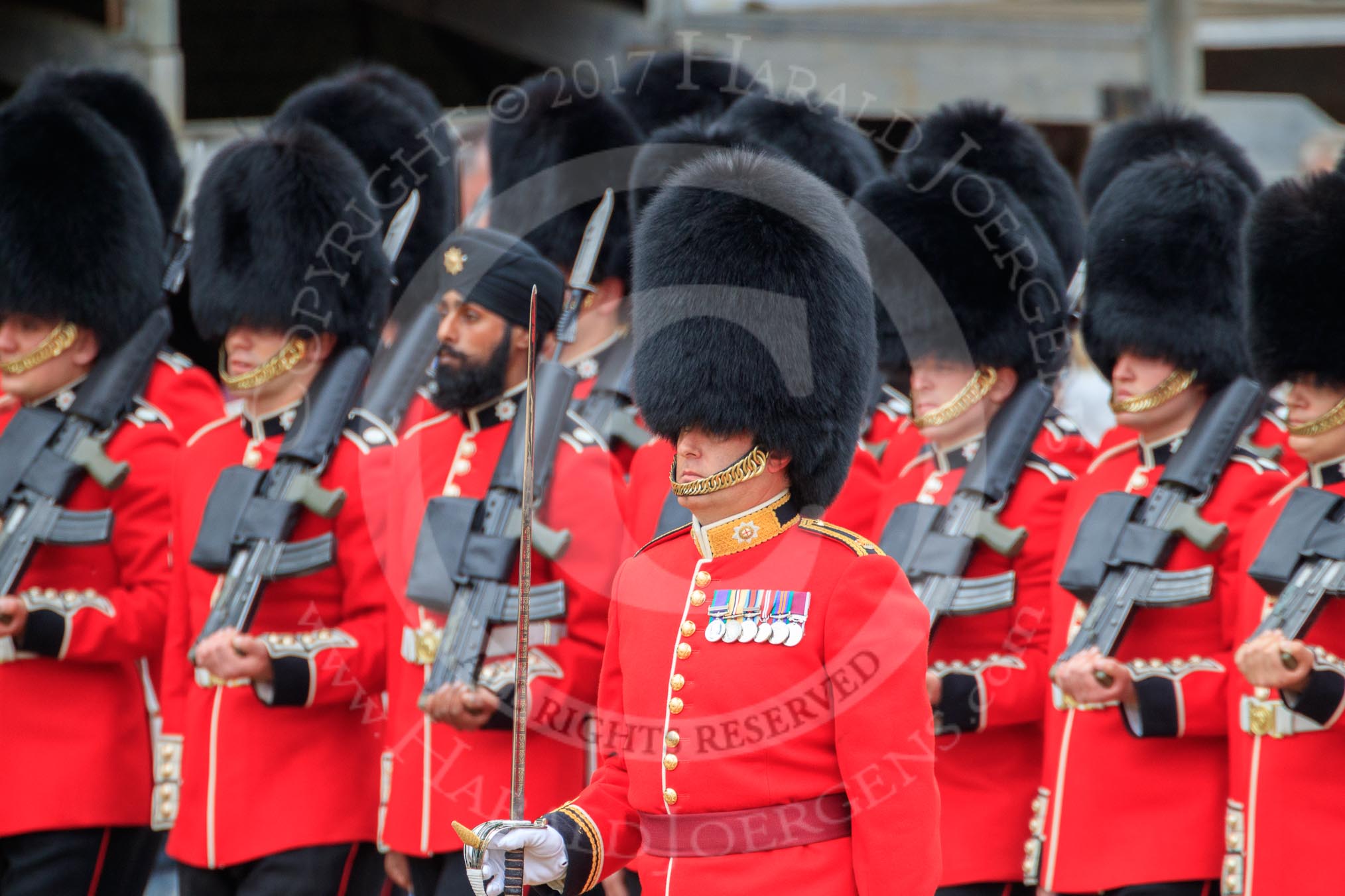 during The Colonel's Review {iptcyear4} (final rehearsal for Trooping the Colour, The Queen's Birthday Parade)  at Horse Guards Parade, Westminster, London, 2 June 2018, 11:35.