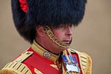 Close-up of Drum Major Scott Fitzgerald, Coldstream Guards, during The Colonel's Review 2018 (final rehearsal for Trooping the Colour, The Queen's Birthday Parade)  at Horse Guards Parade, Westminster, London, 2 June 2018, 10:07.