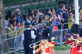 The Band of the Welsh Guards marching from The Mall to Horse Guards Parade, past the Youth Enclosure, during The Colonel's Review 2018 (final rehearsal for Trooping the Colour, The Queen's Birthday Parade)  at Horse Guards Parade, Westminster, London, 2 June 2018, 10:12.