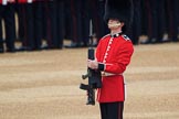 Colour Sentry Guardsman Sean Cunningham (21) saluting the Colour during The Colonel's Review 2018 (final rehearsal for Trooping the Colour, The Queen's Birthday Parade)  at Horse Guards Parade, Westminster, London, 2 June 2018, 10:33.