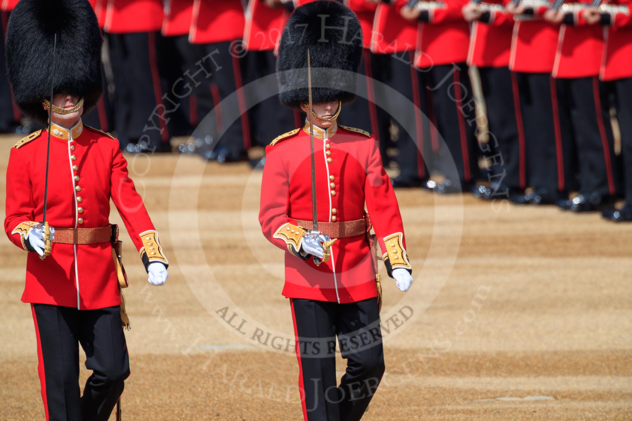 The Subaltern, Lieutenant Jake Sayers, Number Five Guard, Nijmegen Company, Grenadier Guards, and The Subaltern, Captain William Dalton Hall (27), Number Six Guard, F Company, Scots Guards, marching towards Horse Guards Arch during Trooping the Colour 2018, The Queen's Birthday Parade at Horse Guards Parade, Westminster, London, 9 June 2018, 10:29.