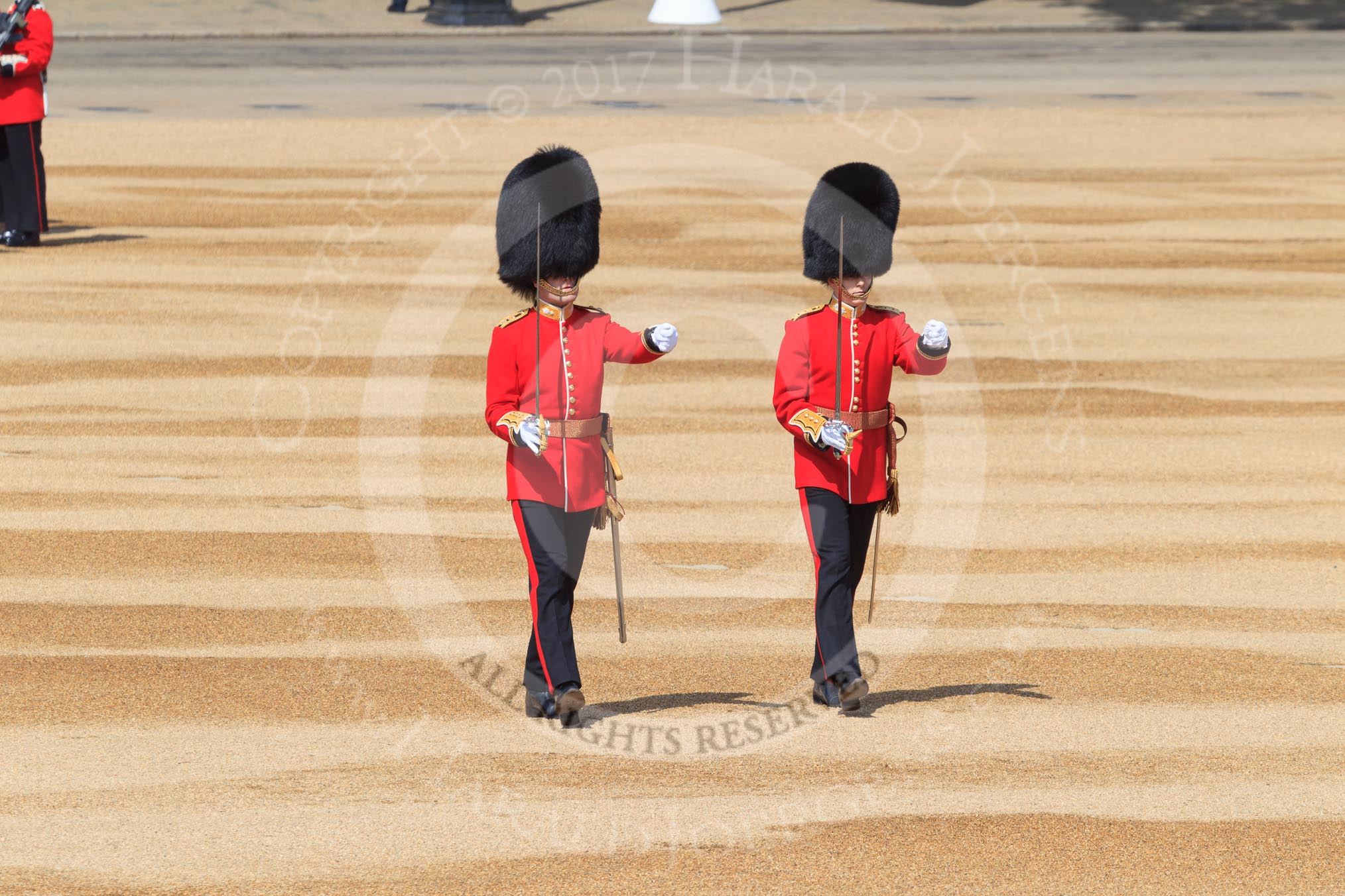The Subaltern, Lieutenant Jake Sayers, Number Five Guard, Nijmegen Company, Grenadier Guards, and The Subaltern, Captain William Dalton Hall (27), Number Six Guard, F Company, Scots Guards, marching towards Horse Guards Arch during Trooping the Colour 2018, The Queen's Birthday Parade at Horse Guards Parade, Westminster, London, 9 June 2018, 10:29.