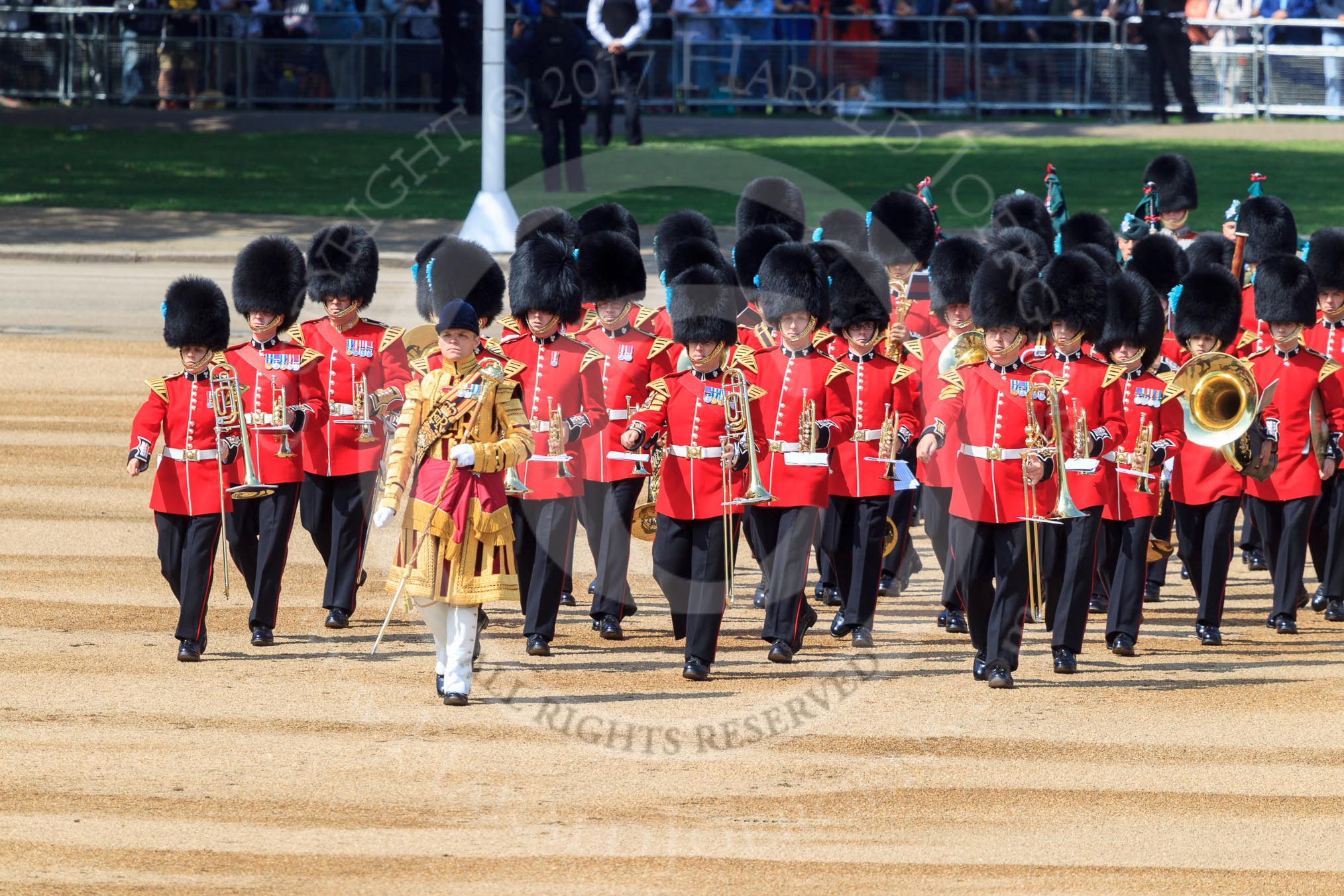Drum Major Gareth Chambers, 1st Battalion Irish Guards leading the Band of the Irish Guards onto Horse Guards Parade during Trooping the Colour 2018, The Queen's Birthday Parade at Horse Guards Parade, Westminster, London, 9 June 2018, 10:29.