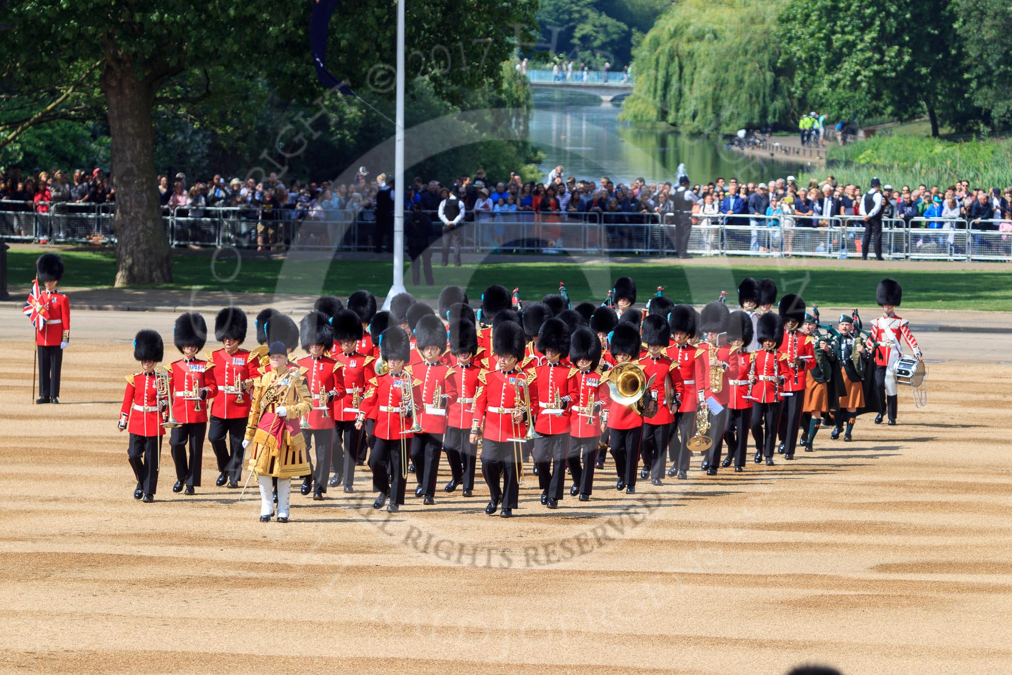 Drum Major Gareth Chambers, 1st Battalion Irish Guards leading the Band of the Irish Guards onto Horse Guards Parade during Trooping the Colour 2018, The Queen's Birthday Parade at Horse Guards Parade, Westminster, London, 9 June 2018, 10:29.