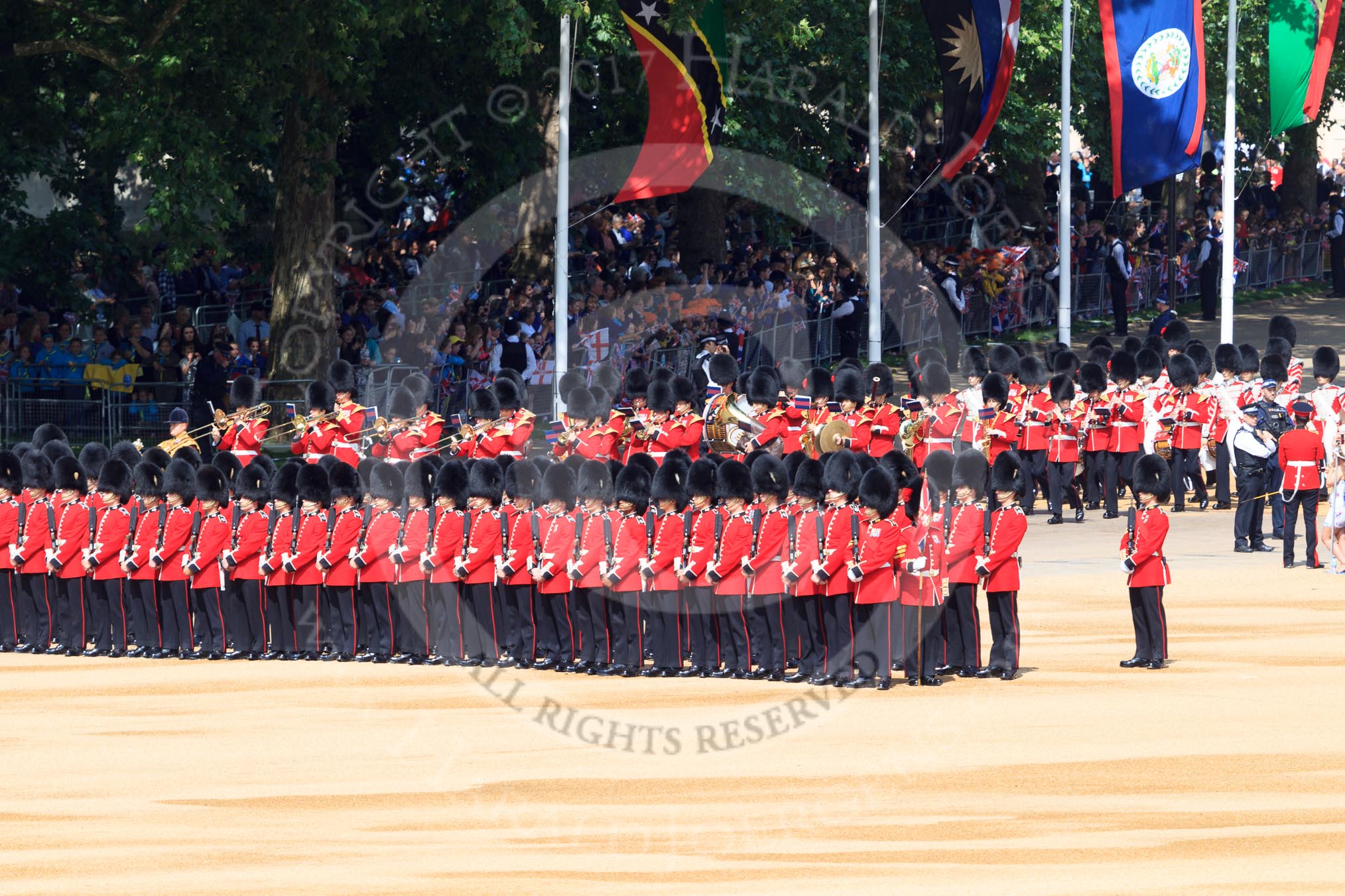 The Band of the Coldstream Guards marching behind Number Five Guard, Nijmegen Company, Grenadier Guards during Trooping the Colour 2018, The Queen's Birthday Parade at Horse Guards Parade, Westminster, London, 9 June 2018, 10:30.