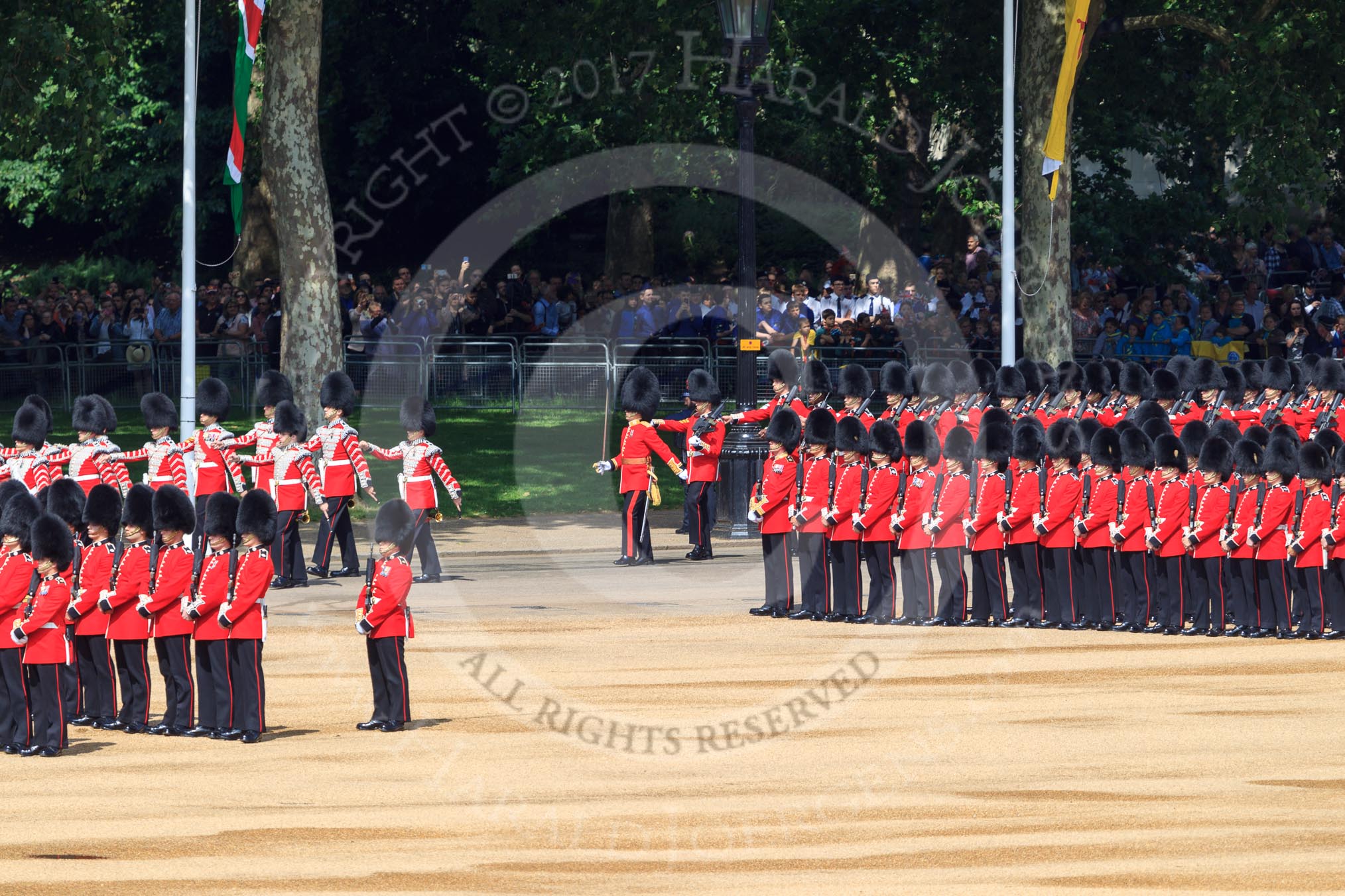 The Band of the Coldstream Guards is immediately followed by Number Three Guard, 1st Battalion Coldstream Guards during Trooping the Colour 2018, The Queen's Birthday Parade at Horse Guards Parade, Westminster, London, 9 June 2018, 10:31.