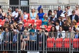 Grand stand C, with smartly dressed spectators, before Trooping the Colour 2018, The Queen's Birthday Parade at Horse Guards Parade, Westminster, London, 9 June 2018, 09:46.