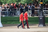 The Ensign, 2nd Lieutenant Felix Tracey, and The Captain of the Guard, Major Hamish Hardy, Number Five Guard, Nijmegen Company, Grenadier Guards, marching to Horse Guards Parade before Trooping the Colour 2018, The Queen's Birthday Parade at Horse Guards Parade, Westminster, London, 9 June 2018, 09:48.