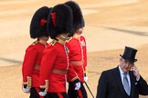 The Captain of the Escort to the Colour, Major JW Coleby, 1st Battalion Coldstream Guards, The Captain of the Guard, Major B Kemsley, Number Two Guard, 1st Battalion Coldstream Guards, and The Captain of the Guard, Major FGC Johnston, Number Three Guard, 1st Battalion Coldstream Guards, before Trooping the Colour 2018, The Queen's Birthday Parade at Horse Guards Parade, Westminster, London, 9 June 2018, 09:53.