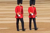 The Captain of the Guard, Major Tom F W Mortensen and The Ensign, Lieutenant Thomas Strachan (26), Number Six Guard, F Company, Scots Guards, before Trooping the Colour 2018, The Queen's Birthday Parade at Horse Guards Parade, Westminster, London, 9 June 2018, 09:54.