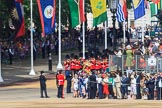 The Band of the Welsh Guards marching from The Mall towards Horse Guards Parade before Trooping the Colour 2018, The Queen's Birthday Parade at Horse Guards Parade, Westminster, London, 9 June 2018, 10:11.