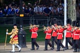 The Band of the Welsh Guards, led by Senior Drum Major Damian Thomas, Grenadier Guards. marching past the Youth Enclosure during Trooping the Colour 2018, The Queen's Birthday Parade at Horse Guards Parade, Westminster, London, 9 June 2018, 10:12.