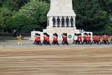 The Band of the Welsh Guards. led by Senior Drum Major Damian Thomas, Grenadier Guards, marching past the Guards Memorial during Trooping the Colour 2018, The Queen's Birthday Parade at Horse Guards Parade, Westminster, London, 9 June 2018, 10:13.