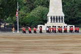 The Band of the Welsh Guards. led by Senior Drum Major Damian Thomas, Grenadier Guards, marching past the Guards Memorial during Trooping the Colour 2018, The Queen's Birthday Parade at Horse Guards Parade, Westminster, London, 9 June 2018, 10:13.
