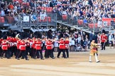 Senior Drum Major Damian Thomas, Grenadier Guards leading the Band of the Welsh Guards into position before Trooping the Colour 2018, The Queen's Birthday Parade at Horse Guards Parade, Westminster, London, 9 June 2018, 10:15.