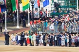The Band of the Scots Guards marching from The Mall towards Horse Guards Parade before Trooping the Colour 2018, The Queen's Birthday Parade at Horse Guards Parade, Westminster, London, 9 June 2018, 10:15.