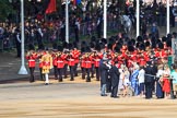 The Band of the Scots Guards marching from The Mall towards Horse Guards Parade before Trooping the Colour 2018, The Queen's Birthday Parade at Horse Guards Parade, Westminster, London, 9 June 2018, 10:16.
