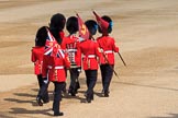 The Keepers of the Ground marching onto Horse Guards Parade to mark the position of their guards before Trooping the Colour 2018, The Queen's Birthday Parade at Horse Guards Parade, Westminster, London, 9 June 2018, 10:17.