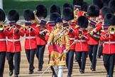 Drum Major Jonny Stranix, 1st Battalion Scots Guards, leading the Band of the Scots Guards onto Horse Guards Parade before Trooping the Colour 2018, The Queen's Birthday Parade at Horse Guards Parade, Westminster, London, 9 June 2018, 10:18.