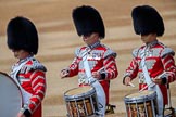 The Band of the Scots Guards drummers, with a Rod Tension Bass Drum and High Tension Drums during Trooping the Colour 2018, The Queen's Birthday Parade at Horse Guards Parade, Westminster, London, 9 June 2018, 10:19.