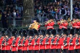 The Band of the Irish Guards, led by Drum Major Gareth Chambers, 1st Battalion Irish Guards, marching past the Youth Enclosure during Trooping the Colour 2018, The Queen's Birthday Parade at Horse Guards Parade, Westminster, London, 9 June 2018, 10:27.