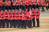Number Five Guard, Nijmegen Company, Grenadier Guards in position, with the Band of the Irish Guards marching behind them, during Trooping the Colour 2018, The Queen's Birthday Parade at Horse Guards Parade, Westminster, London, 9 June 2018, 10:27.