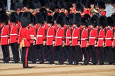Number Five Guard, Nijmegen Company, Grenadier Guards, lef by The Ensign, 2nd Lieutenant Felix Tracey, with the Band of the Irish Guards marching behind them, during Trooping the Colour 2018, The Queen's Birthday Parade at Horse Guards Parade, Westminster, London, 9 June 2018, 10:27.