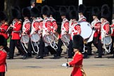 Drummers of Band of the Coldstream Guards marching onto Horse Guards Parade during Trooping the Colour 2018, The Queen's Birthday Parade at Horse Guards Parade, Westminster, London, 9 June 2018, 10:31.