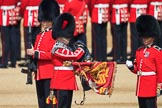 The Duty Drummer Sam Orchard has removed the case from the Colour held by the Colour Sergeant Sam McAuley (31) whilst Colour Sentry Guardsman Jonathon Hughes (26) salutes during Trooping the Colour 2018, The Queen's Birthday Parade at Horse Guards Parade, Westminster, London, 9 June 2018, 10:33.