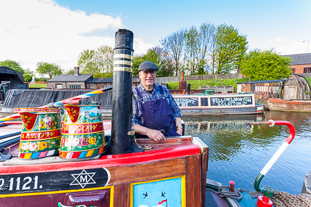 Historic narrow boat SWALLOW, with owner David Lowe, at the Black Country Living Museum in Dudley, West Midlands, UK