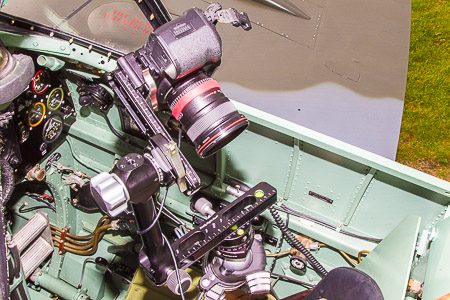 Cockpit of Aero Legends Spitfire with the camera mounted for the panorama photography The camera used for the panoramic photography, a Canon 5D Mk II, can be seen mounted on a panoramic head assembly on a tripod inside the Spitfire cockpit