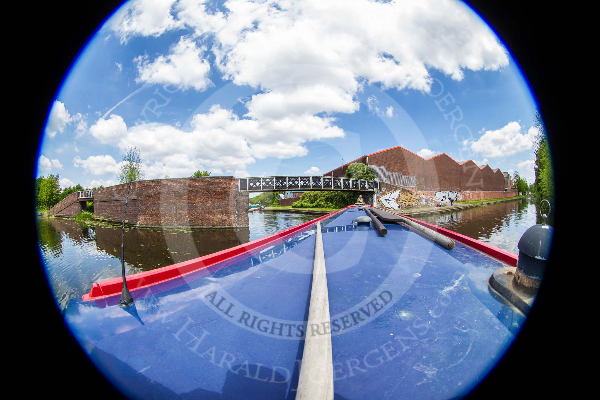 BCN Marathon Challenge 2013: Fisheye view of NB "Feloinous Mongoose" leaving the Gower Branch at Brades Hall Junction on the BCN Old Main Line..
Birmingham Canal Navigation,


United Kingdom,
on 25 May 2013 at 13:53, image #194