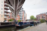 BCN Marathon Challenge 2013: NB "Felonious Mongoose" reversing from the mooring at Sherborne Wharf, Oozells Street Loop, 30 minutes before the start of the BCN Challenge. The footbridge above is part of the modern housing development..
Birmingham Canal Navigation,


United Kingdom,
on 25 May 2013 at 07:30, image #15