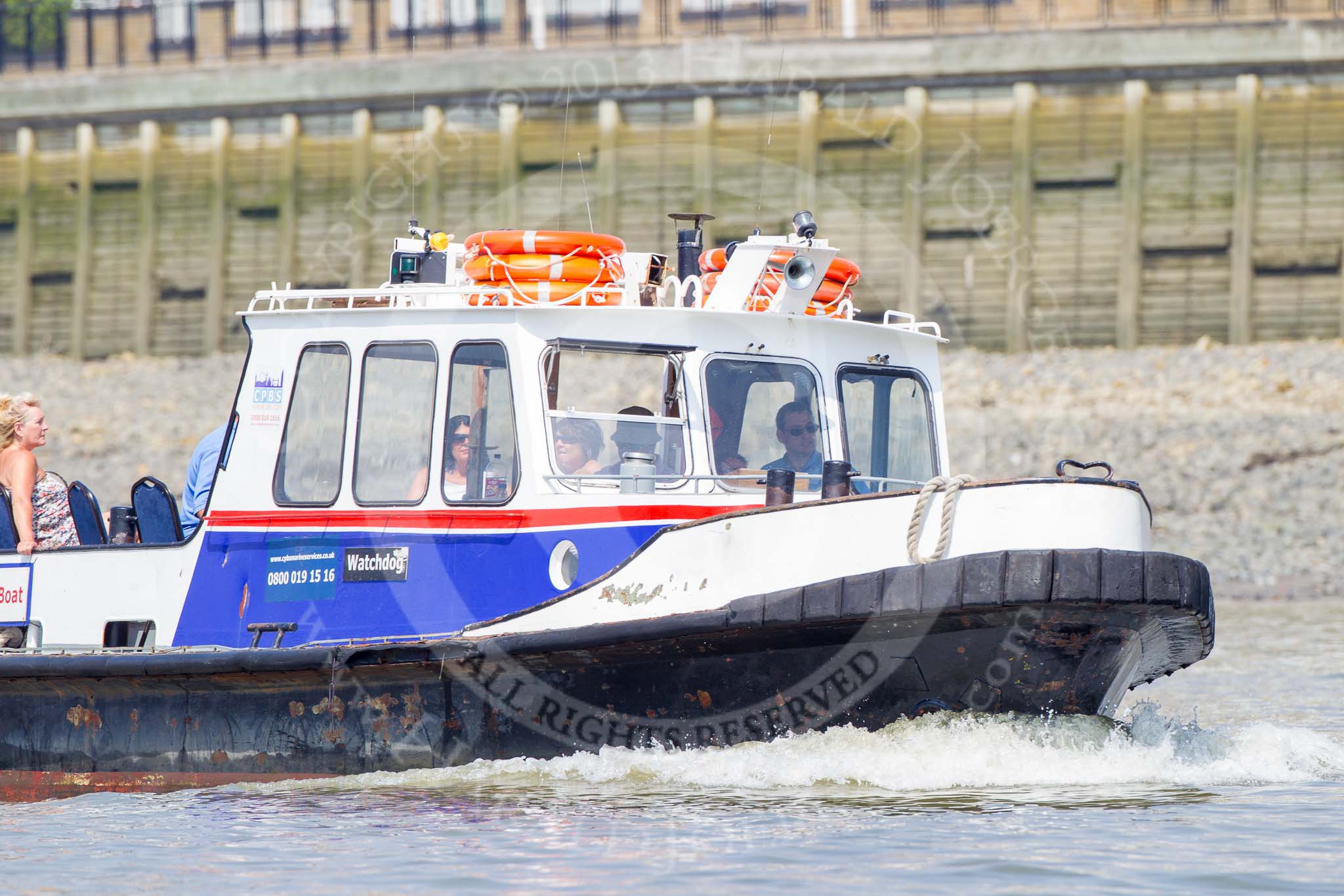 TOW River Thames Barge Driving Race 2013: Workboat "M.V. Wachdog" by CPBS Marine Services..
River Thames between Greenwich and Westminster,
London,

United Kingdom,
on 13 July 2013 at 11:42, image #38