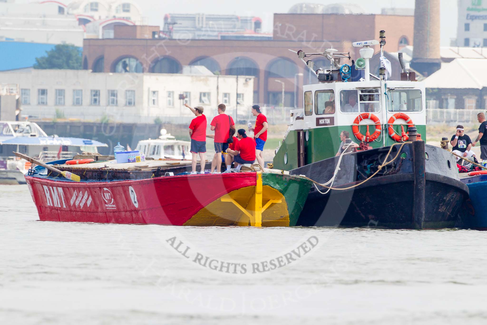 TOW River Thames Barge Driving Race 2013: Barge "Jane" by the RMT Union, next to tug "Horton", before the start of the race..
River Thames between Greenwich and Westminster,
London,

United Kingdom,
on 13 July 2013 at 12:12, image #50