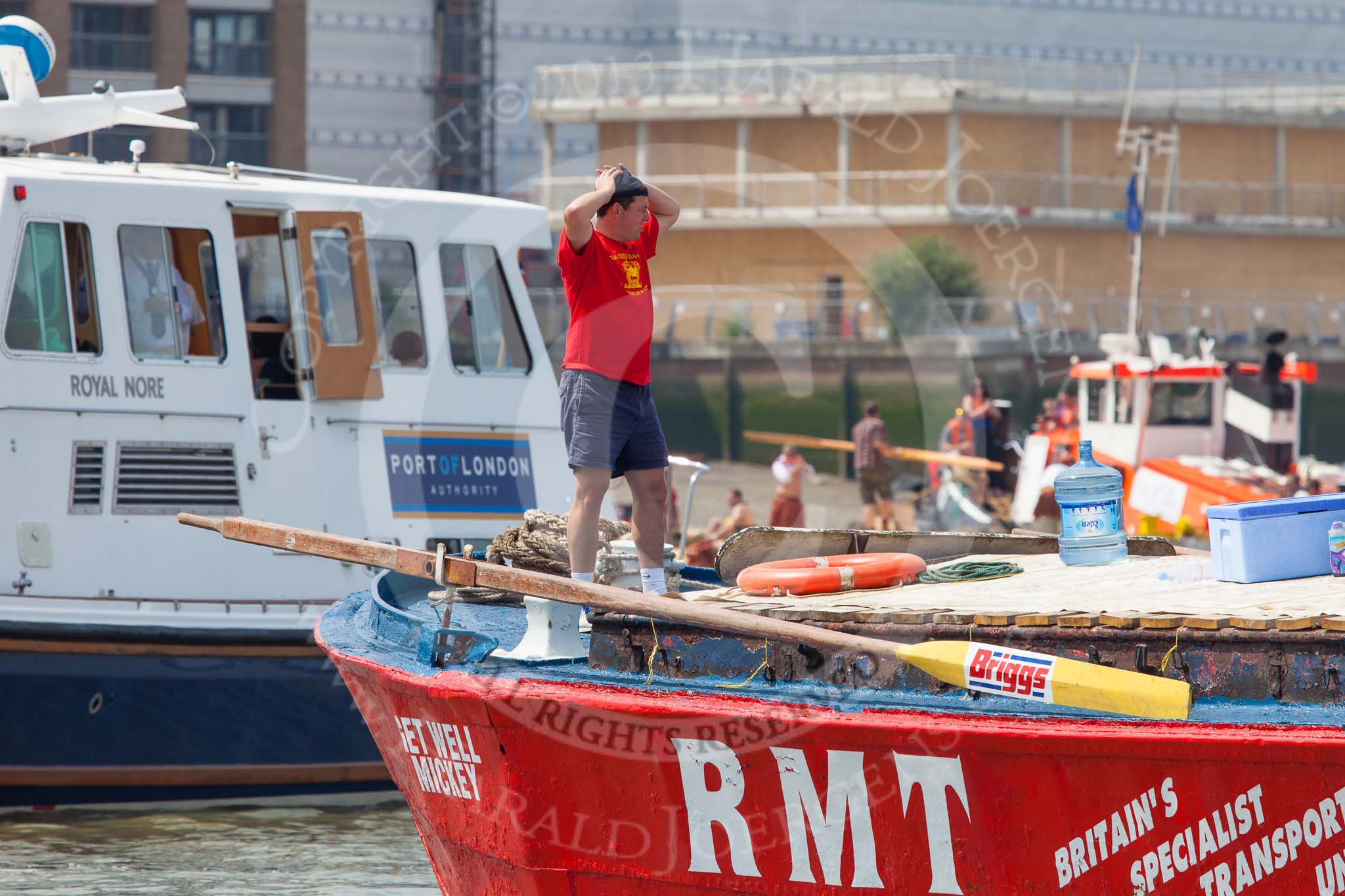 TOW River Thames Barge Driving Race 2013: Barge "Jane", by the RMT Union, close to Greenwich Pier, before the start of the race. In the background PLA boat "Royal Nore"..
River Thames between Greenwich and Westminster,
London,

United Kingdom,
on 13 July 2013 at 12:23, image #76