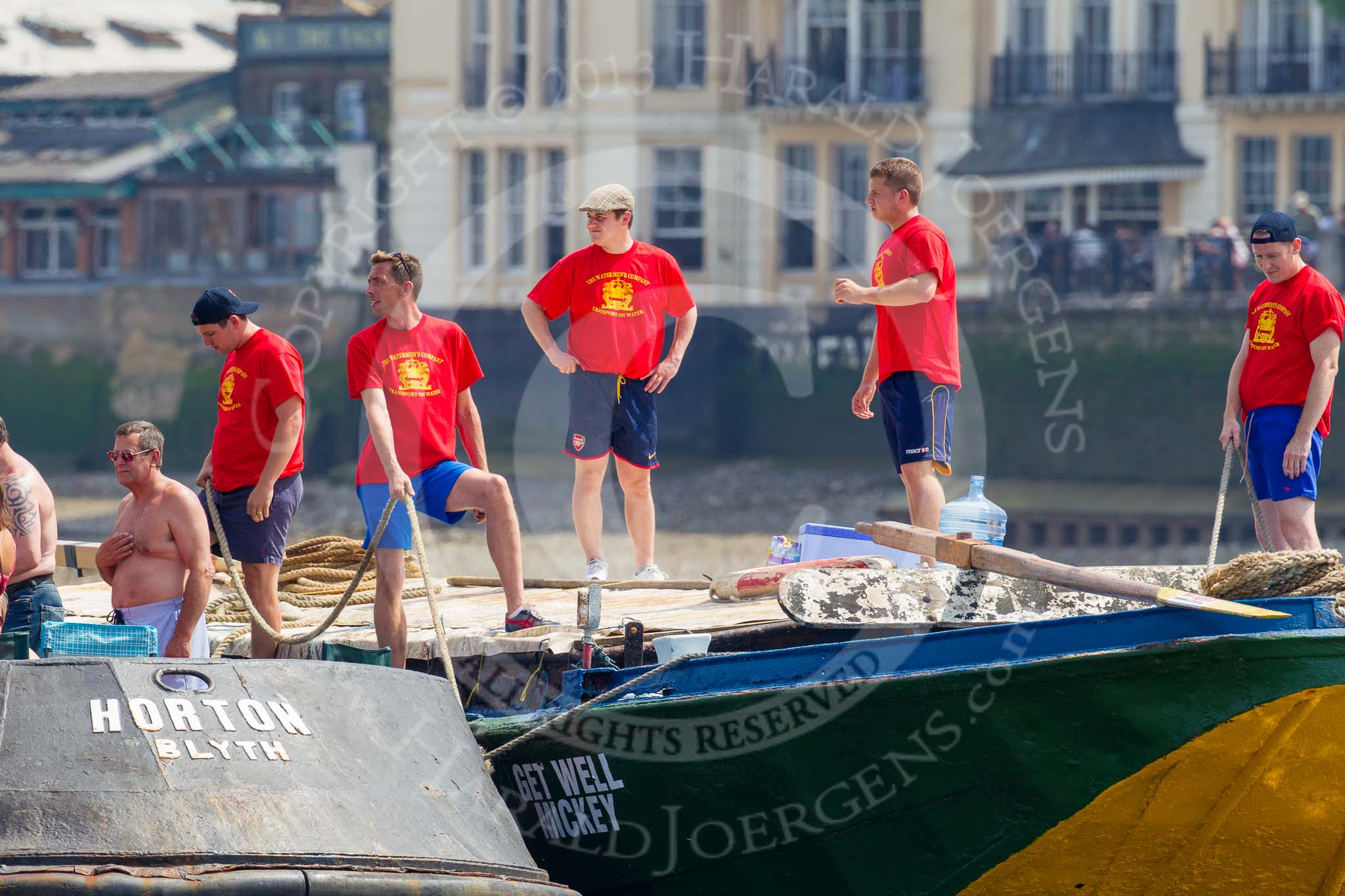 TOW River Thames Barge Driving Race 2013: The crew on board of barge "Jane", by the RMT Union, is getting ready for the start of the race, the barge is still tied to tug "Horton"..
River Thames between Greenwich and Westminster,
London,

United Kingdom,
on 13 July 2013 at 12:32, image #89