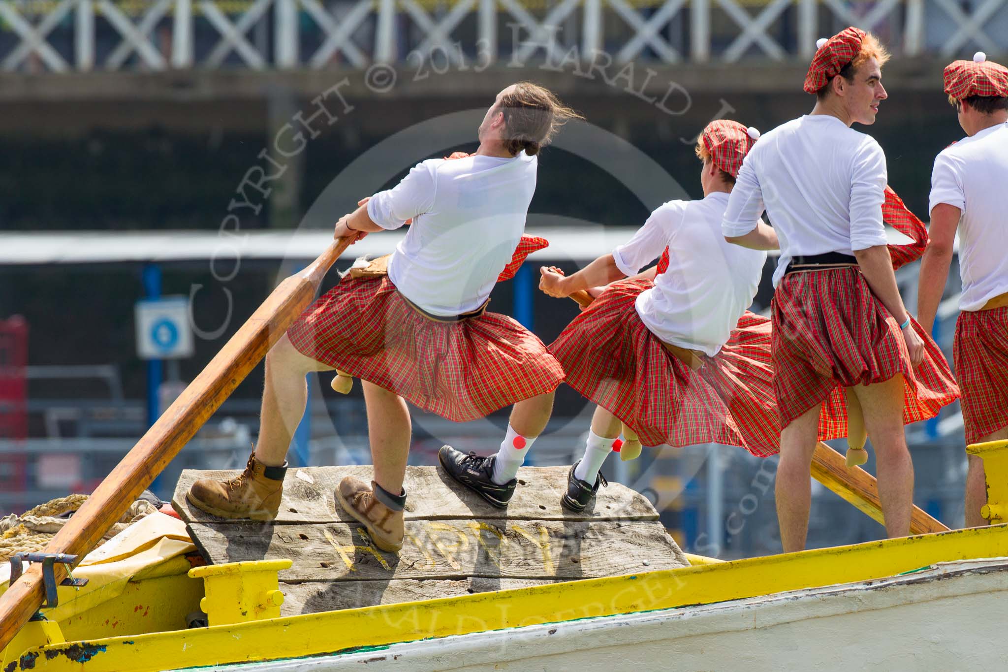 TOW River Thames Barge Driving Race 2013: The crew of barge "Hoppy", by GPS Fabrication, hard at work, or better - working hard, at the start of the race..
River Thames between Greenwich and Westminster,
London,

United Kingdom,
on 13 July 2013 at 12:36, image #119