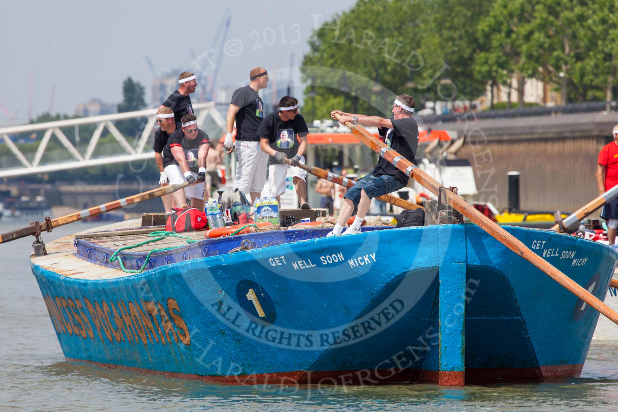 TOW River Thames Barge Driving Race 2013: Rear view of barge "Darren Lacey", by Princess Pocahontas, during the race, approaching Masthouse Terrace Pier.. On the right of "Darren Lacey" is barge "Spirit of Mountabatten", by Mechanical Movements and Enabling Services Ltd..
River Thames between Greenwich and Westminster,
London,

United Kingdom,
on 13 July 2013 at 12:42, image #181