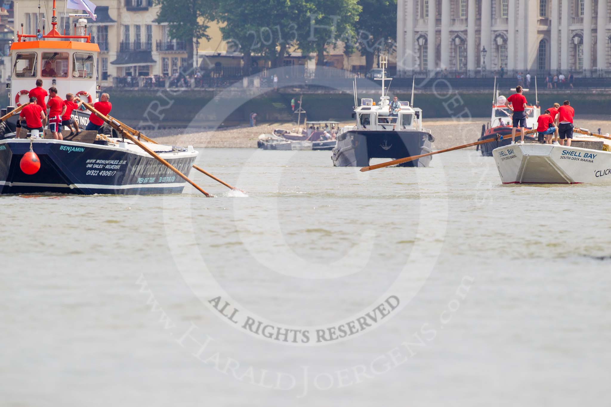 TOW River Thames Barge Driving Race 2013: On the left barge "Benjamin", by London Party Boats, followed by GPS Marine tug "GPS India", on the right barge "Shell Bay" by South Dock Marina..
River Thames between Greenwich and Westminster,
London,

United Kingdom,
on 13 July 2013 at 12:45, image #196