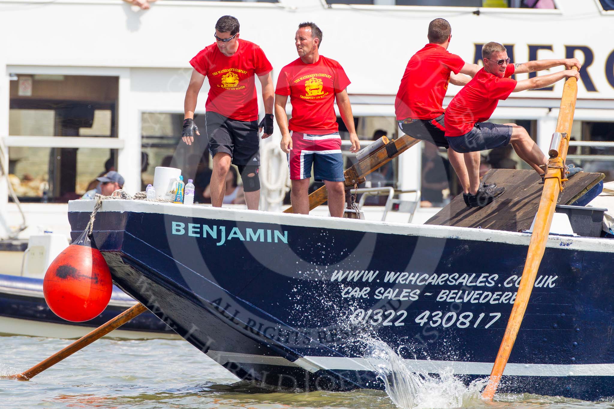 TOW River Thames Barge Driving Race 2013: Rowers working hard on board of barge "Benjamin", by London Party Boats. In the background pleasure boat "Mercia"..
River Thames between Greenwich and Westminster,
London,

United Kingdom,
on 13 July 2013 at 12:47, image #207