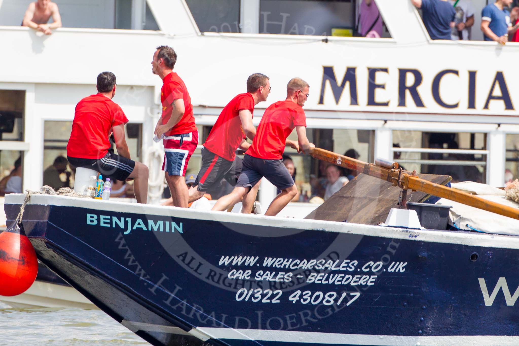 TOW River Thames Barge Driving Race 2013: Rowers working hard on board of barge "Benjamin", by London Party Boats. In the background pleasure boat "Mercia"..
River Thames between Greenwich and Westminster,
London,

United Kingdom,
on 13 July 2013 at 12:47, image #209