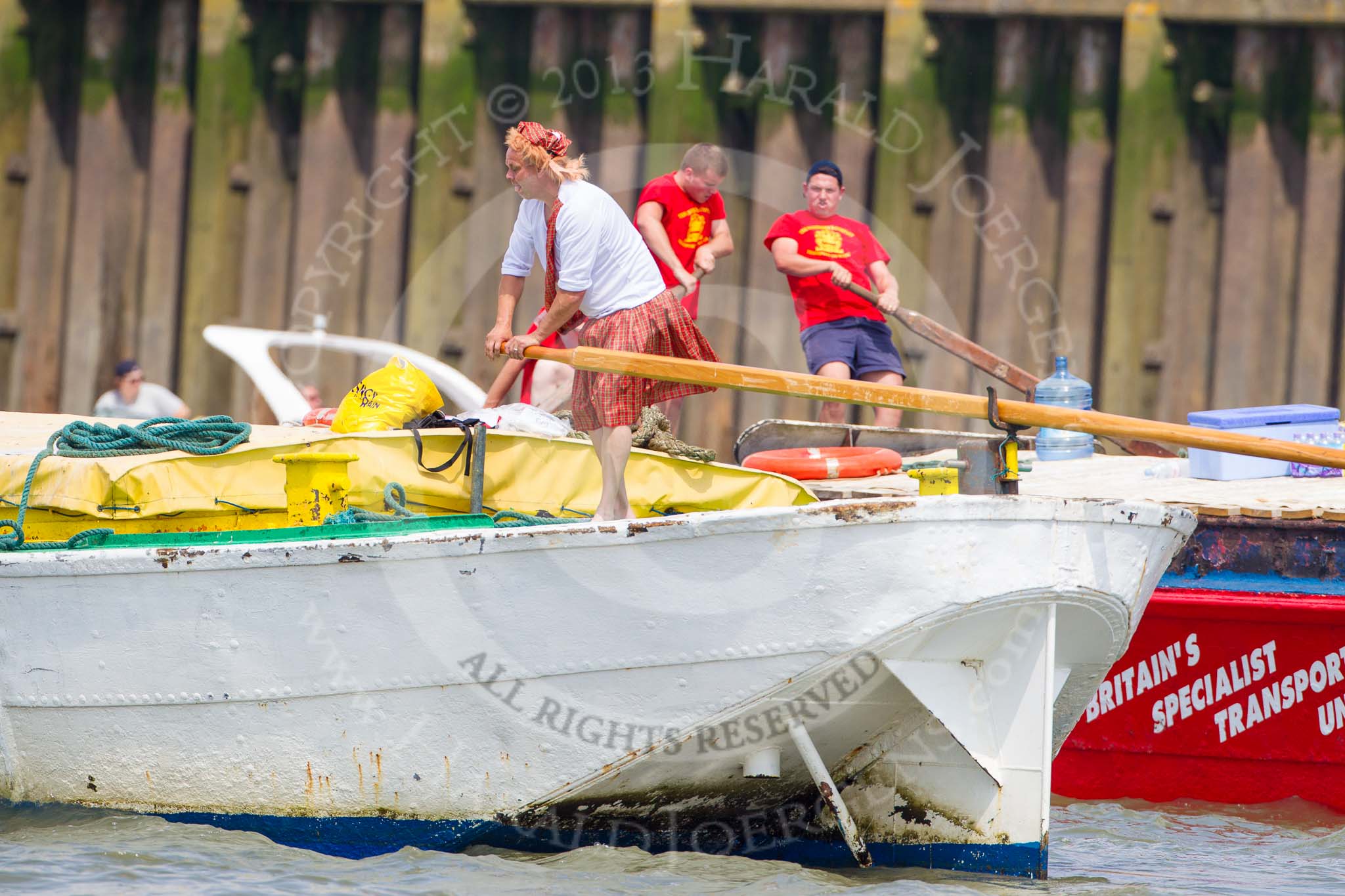 TOW River Thames Barge Driving Race 2013: Barge "Hoppy", by GPS Fabrication, behind Hoppy barge "Jane", by the RMT Union..
River Thames between Greenwich and Westminster,
London,

United Kingdom,
on 13 July 2013 at 12:48, image #218