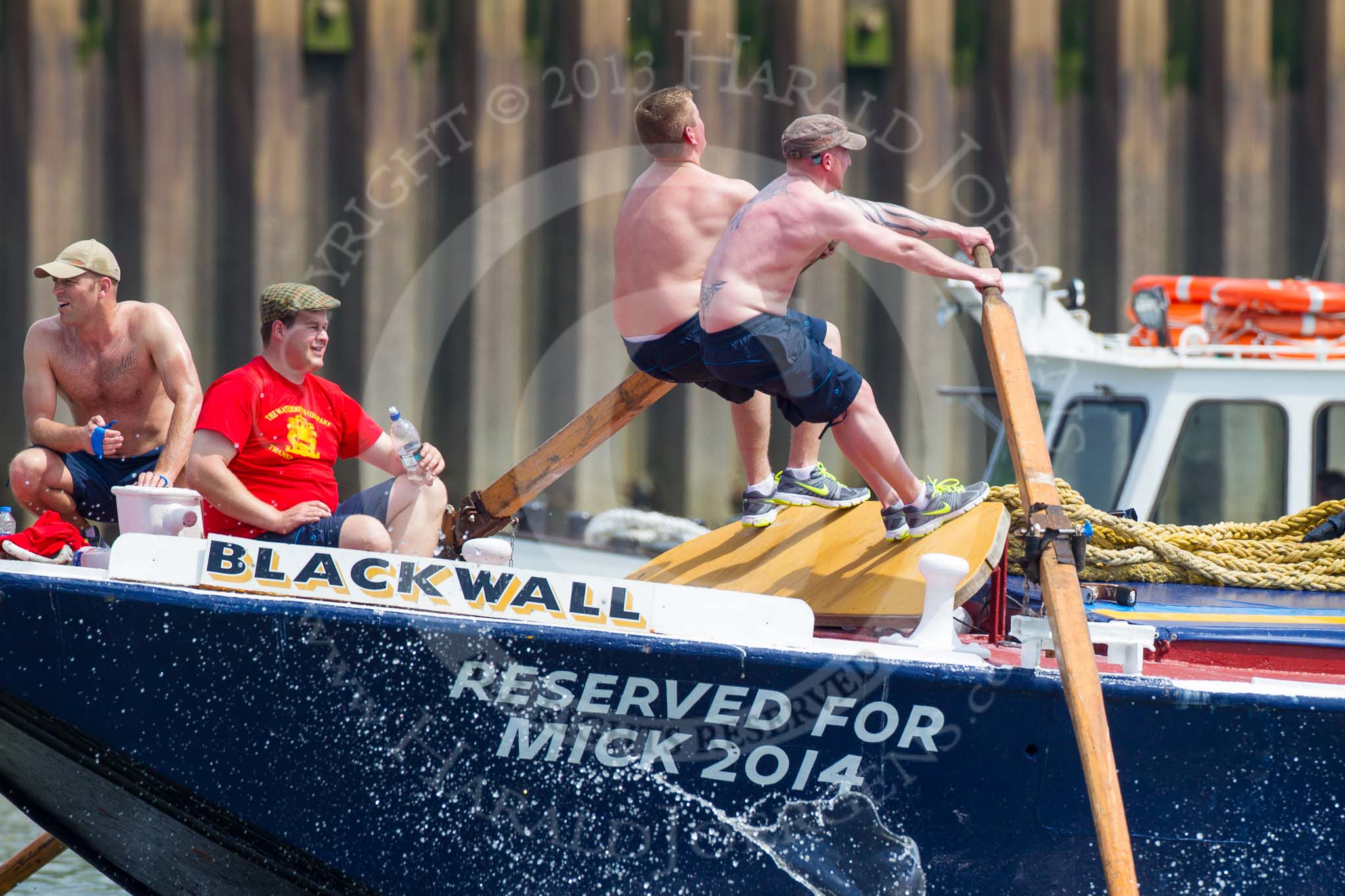 TOW River Thames Barge Driving Race 2013: Rowers on barge "Blackwall", by the Port of London Authority.
River Thames between Greenwich and Westminster,
London,

United Kingdom,
on 13 July 2013 at 12:48, image #221